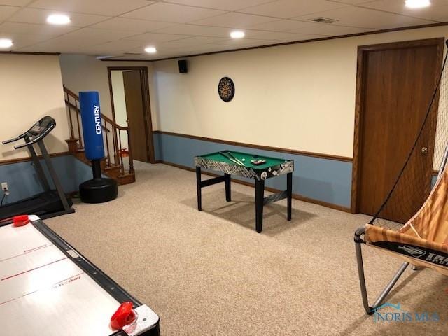415 W Jamestown Ave, Tiffin, OH 44883 - game room with carpet floors, baseboards, recessed lighting, and a paneled ceiling