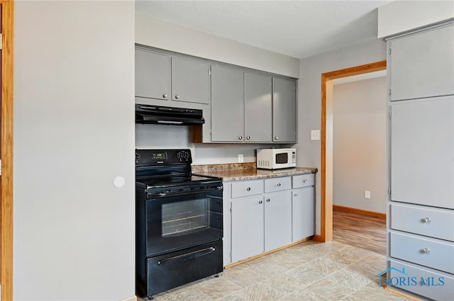 536 N Johnson St, Ada, OH 45810 - kitchen featuring under cabinet range hood, black range with electric stovetop, white microwave, gray cabinets, and baseboards