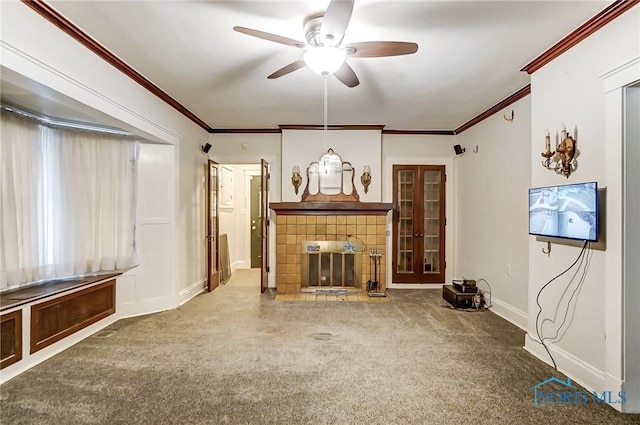 7149 Wales Rd, Northwood, OH 43619 - carpeted living room featuring a fireplace, a ceiling fan, crown molding, and baseboards