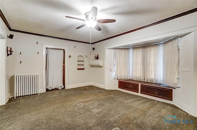 7149 Wales Rd, Northwood, OH 43619 - carpeted spare room with radiator, a ceiling fan, crown molding, and baseboards