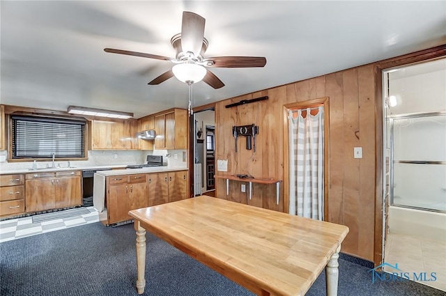 7149 Wales Rd, Northwood, OH 43619 - kitchen with range, a sink, ceiling fan, light countertops, and under cabinet range hood