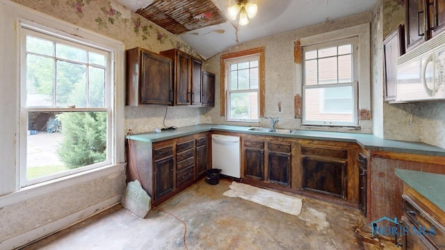 2720 Scottwood Ave, Toledo, OH 43610 - kitchen with white appliances, a sink, unfinished concrete flooring, and lofted ceiling