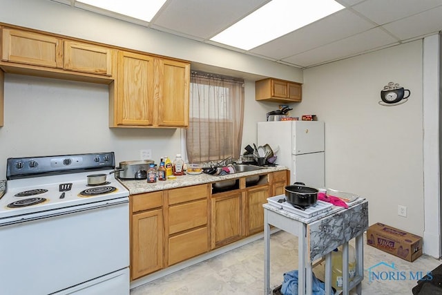 815 Dunwood Ct, Toledo, OH 43609 - kitchen with white appliances, light countertops, a paneled ceiling, a sink, and light marble finish flooring