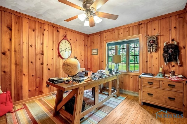 16890 W River Rd, Bowling Green, OH 43402 - office space featuring light wood-style floors, ceiling fan, and wooden walls