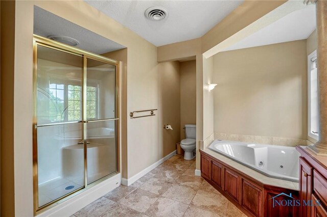 16890 W River Rd, Bowling Green, OH 43402 - full bathroom featuring a whirlpool tub, a stall shower, toilet, and baseboards