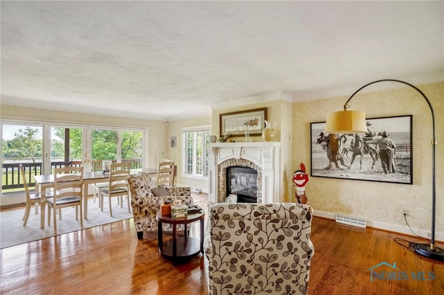 16890 W River Rd, Bowling Green, OH 43402 - living area featuring a glass covered fireplace, wood finished floors, baseboards, and french doors