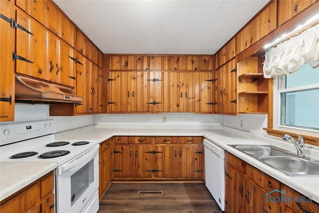308 Edith Ave, Findlay, OH 45840 - kitchen featuring white appliances, a sink, under cabinet range hood, and brown cabinets