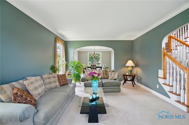7433 Valhalla Dr, Maumee, OH 43537 - living room with arched walkways, stairs, ornamental molding, baseboards, and carpet floors