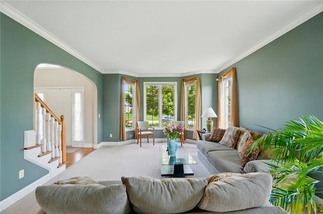 7433 Valhalla Dr, Maumee, OH 43537 - living room featuring arched walkways, baseboards, ornamental molding, stairway, and carpet flooring