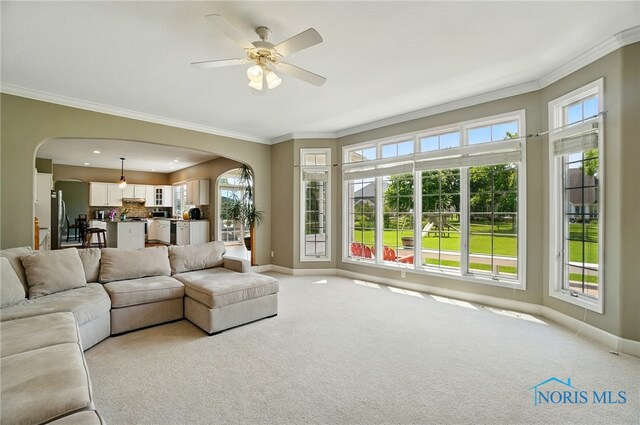 7433 Valhalla Dr, Maumee, OH 43537 - living area featuring arched walkways, ornamental molding, light carpet, and baseboards