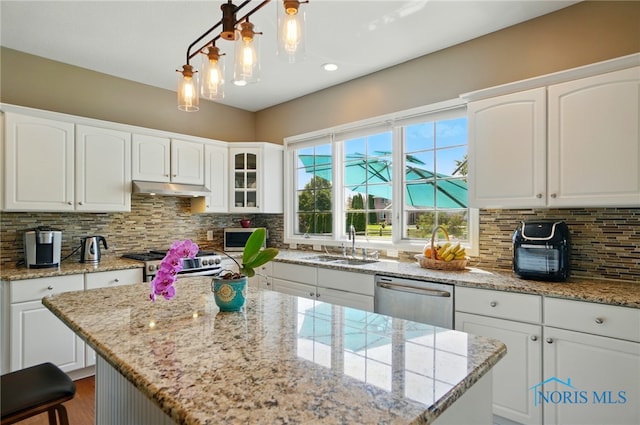 7433 Valhalla Dr, Maumee, OH 43537 - kitchen with stainless steel appliances, a sink, under cabinet range hood, white cabinets, and tasteful backsplash