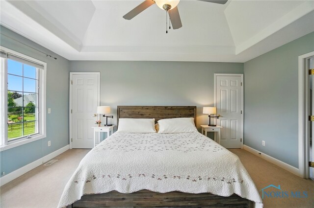 7433 Valhalla Dr, Maumee, OH 43537 - bedroom featuring a tray ceiling, light carpet, baseboards, and lofted ceiling