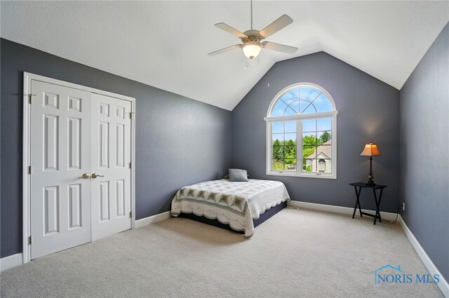 7433 Valhalla Dr, Maumee, OH 43537 - bedroom featuring carpet, lofted ceiling, ceiling fan, a closet, and baseboards