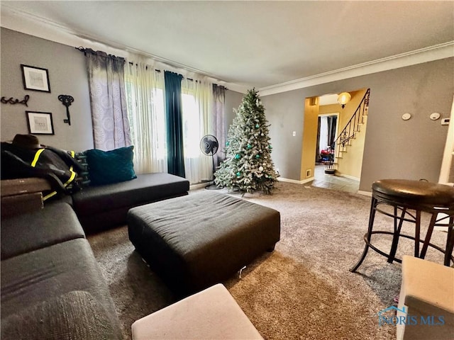 2016 Pinelawn Dr, Toledo, OH 43614 - living room featuring crown molding, stairs, and carpet