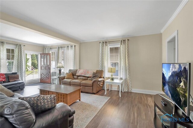 700 Franklin Ave, Findlay, OH 45840 - living room featuring ornamental molding, wood finished floors, and baseboards