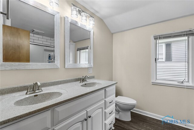 700 Franklin Ave, Findlay, OH 45840 - full bathroom with double vanity, toilet, wood finished floors, vaulted ceiling, and baseboards