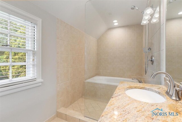 2829 Pembroke Rd, Ottawa Hills, OH 43606 - full bath with tiled shower, tiled tub, recessed lighting, and vanity