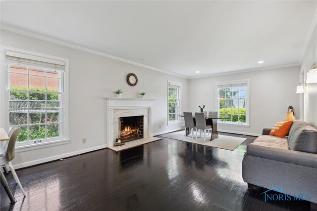 2829 Pembroke Rd, Ottawa Hills, OH 43606 - living area featuring a lit fireplace, wood finished floors, ornamental molding, baseboards, and recessed lighting