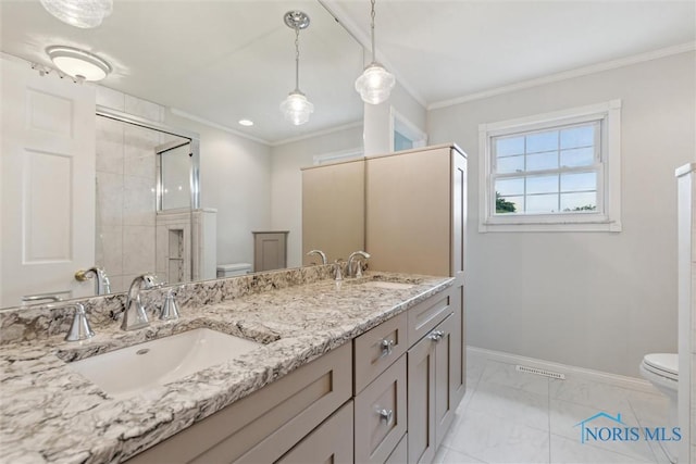 431 Hertford Ct, Maumee, OH 43537 - full bathroom featuring double vanity, a stall shower, marble look tiles, and ornamental molding