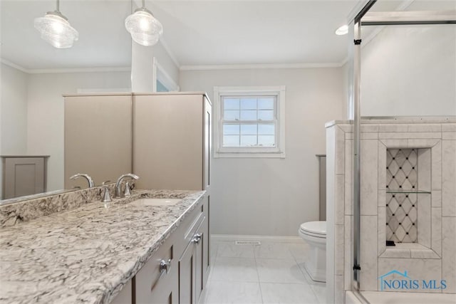 431 Hertford Ct, Maumee, OH 43537 - bathroom with vanity, ornamental molding, and marble look tile flooring