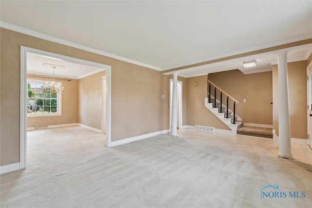 431 Hertford Ct, Maumee, OH 43537 - unfurnished room featuring ornate columns, carpet, crown molding, stairway, and a chandelier