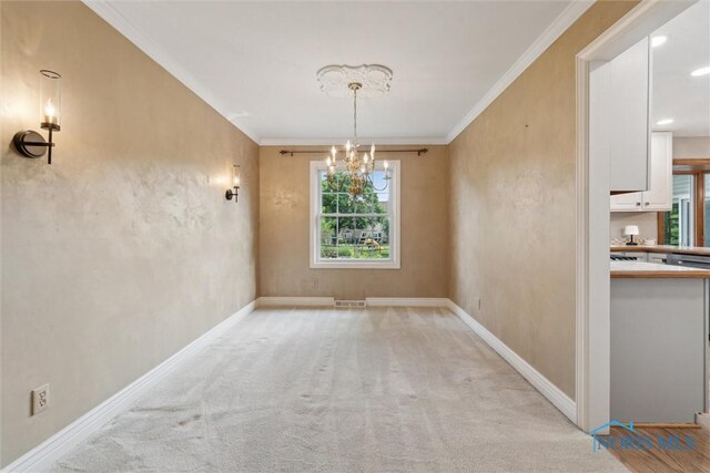 431 Hertford Ct, Maumee, OH 43537 - unfurnished dining area with a chandelier, crown molding, and light carpet