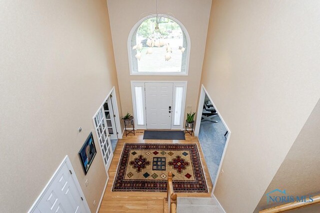 7559 Peachtree Ln, Sylvania, OH 43560 - foyer entrance featuring a towering ceiling, a chandelier, light wood-style floors, and baseboards