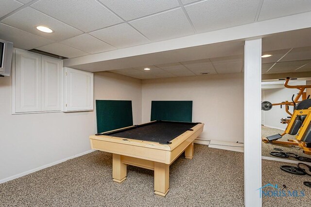7559 Peachtree Ln, Sylvania, OH 43560 - recreation room with a paneled ceiling, baseboards, carpet flooring, pool table, and recessed lighting