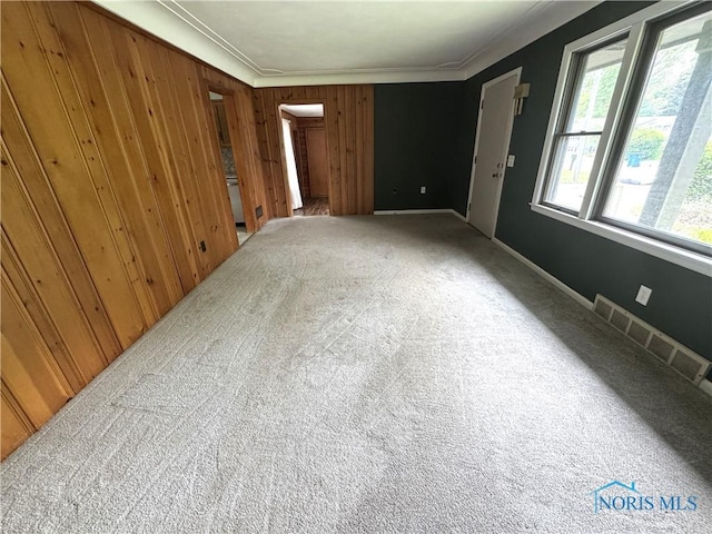 4538 Vineyard Rd, Toledo, OH 43623 - unfurnished bedroom with ornamental molding, carpet, wood walls, and baseboards
