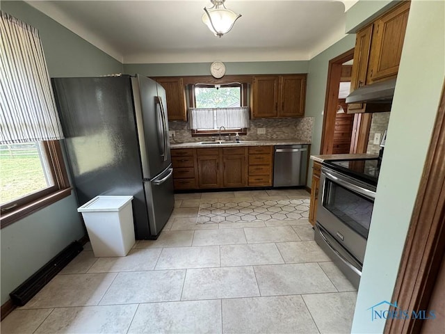 4538 Vineyard Rd, Toledo, OH 43623 - kitchen featuring appliances with stainless steel finishes, under cabinet range hood, tasteful backsplash, a sink, and light countertops