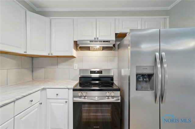 130 Vine St, Risingsun, OH 43457 - kitchen with appliances with stainless steel finishes, exhaust hood, white cabinetry, tasteful backsplash, and light stone counters