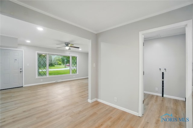 130 Vine St, Risingsun, OH 43457 - unfurnished room featuring light wood-style floors, a ceiling fan, baseboards, recessed lighting, and ornamental molding