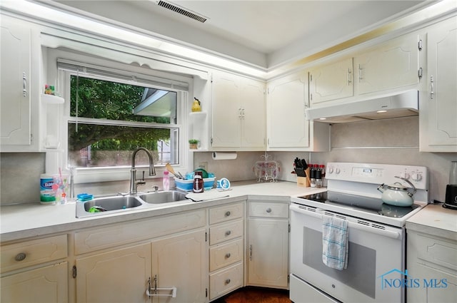 18827 State Route 2, Wauseon, OH 43567 - kitchen featuring electric stove, under cabinet range hood, a sink, and light countertops