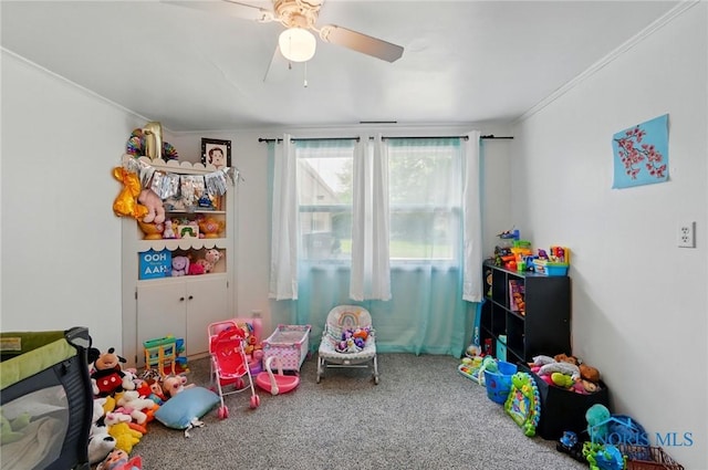 18827 State Route 2, Wauseon, OH 43567 - recreation room featuring carpet floors, crown molding, and a ceiling fan