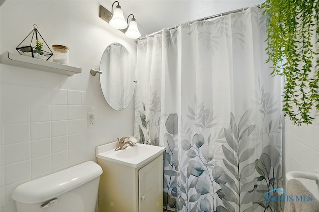18827 State Route 2, Wauseon, OH 43567 - full bathroom with tile walls, vanity, toilet, and a shower with curtain