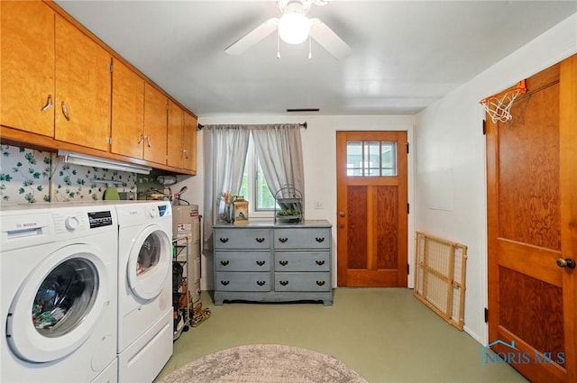 18827 State Route 2, Wauseon, OH 43567 - washroom with independent washer and dryer, a ceiling fan, and cabinet space