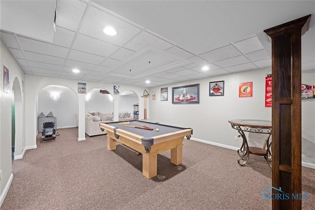 12158 Jefferson St, Perrysburg, OH 43551 - playroom with carpet, billiards table, baseboards, a paneled ceiling, and recessed lighting