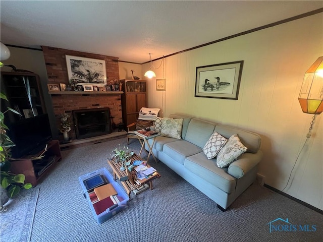 828 Louisiana Ave, Perrysburg, OH 43551 - living area featuring carpet, ornamental molding, and a brick fireplace