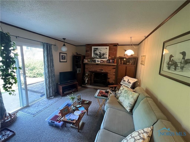 828 Louisiana Ave, Perrysburg, OH 43551 - carpeted living room with crown molding, a textured ceiling, and a fireplace