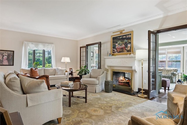 3534 Edgevale Rd, Ottawa Hills, OH 43606 - living room with healthy amount of natural light, a glass covered fireplace, and crown molding
