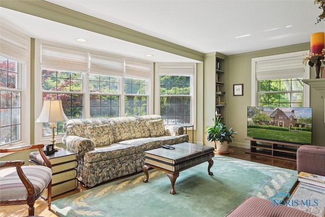 3534 Edgevale Rd, Ottawa Hills, OH 43606 - living area with wood finished floors, baseboards, ornamental molding, and recessed lighting