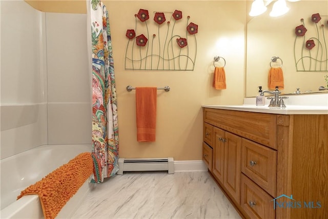 7915 W Bancroft St, Toledo, OH 43617 - bathroom with baseboard heating, vanity, marble finish floors, baseboards, and shower / bath combo