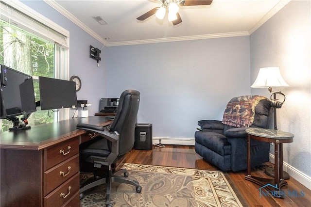 7915 W Bancroft St, Toledo, OH 43617 - home office featuring dark wood-style floors, a baseboard radiator, a ceiling fan, crown molding, and baseboards