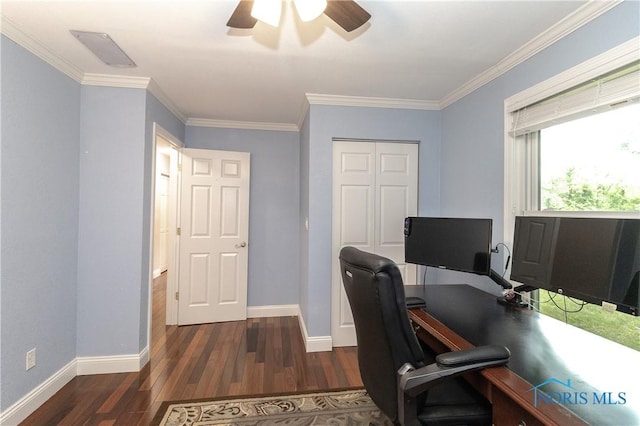 7915 W Bancroft St, Toledo, OH 43617 - home office with a ceiling fan, baseboards, wood finished floors, and ornamental molding