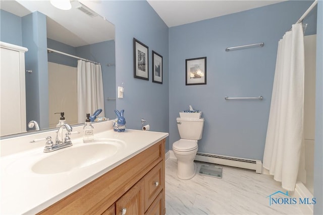 7915 W Bancroft St, Toledo, OH 43617 - bathroom with a baseboard heating unit, vanity, toilet, and a shower with curtain