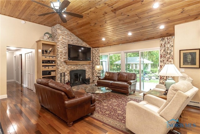 7915 W Bancroft St, Toledo, OH 43617 - living area with wooden ceiling, a fireplace, ceiling fan, wood-type flooring, and lofted ceiling