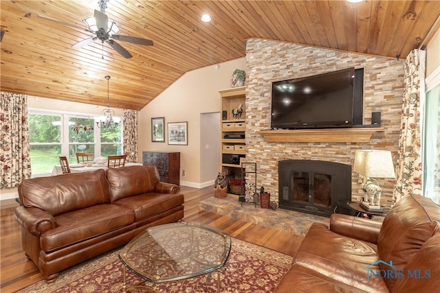 7915 W Bancroft St, Toledo, OH 43617 - living area featuring vaulted ceiling, wood ceiling, wood finished floors, ceiling fan, and baseboards