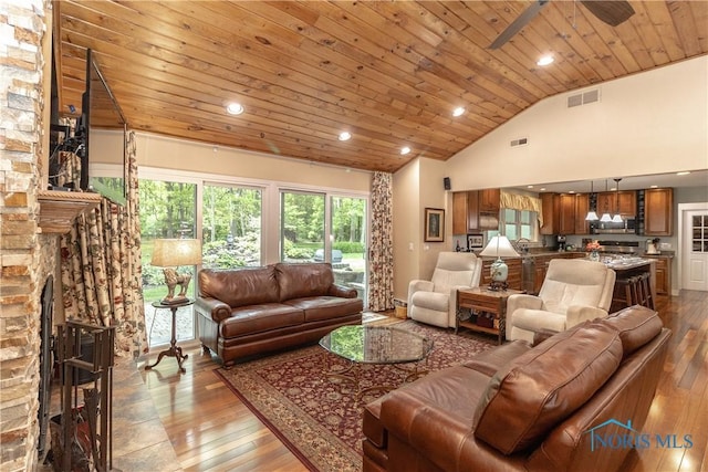 7915 W Bancroft St, Toledo, OH 43617 - living area with wood-type flooring, wooden ceiling, recessed lighting, a ceiling fan, and a fireplace