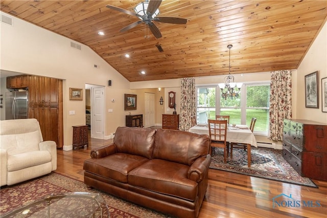 7915 W Bancroft St, Toledo, OH 43617 - living area featuring wooden ceiling, hardwood / wood-style flooring, a chandelier, a baseboard radiator, and baseboards