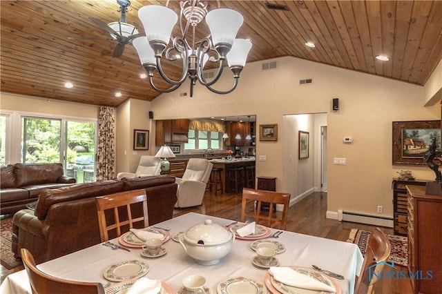 7915 W Bancroft St, Toledo, OH 43617 - dining room featuring baseboard heating, wooden ceiling, a chandelier, dark wood finished floors, and recessed lighting